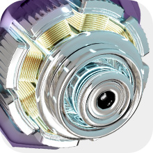 Close-up of a mechanical component with silver and gold-colored metal parts, featuring circular patterns and a central aperture, possibly part of a camera or precision instrument.