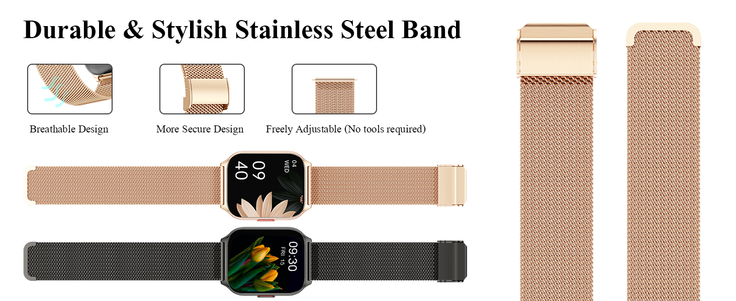 Rose gold mesh metal watch band for smartwatch, shown in various angles. Features adjustable clasp and compatibility with specific watch models.