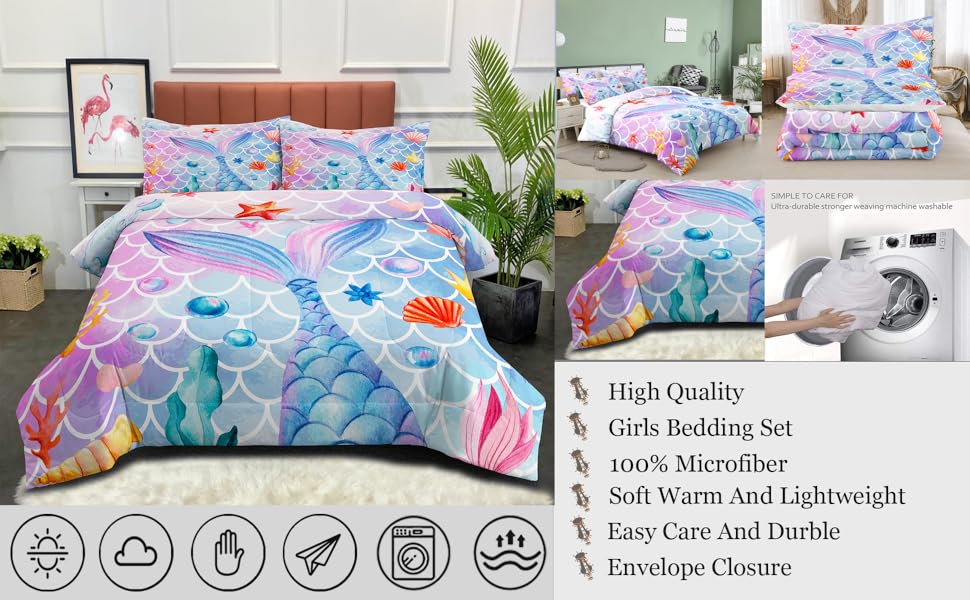 NINENINE Mermaid Comforter Sets,Twin Bedding Sets for Girls