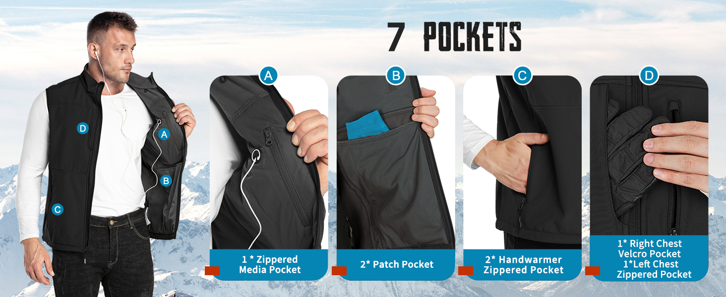 UTILITY VEST WITH 7 POCKETS lightweight flexible men’s full-zip mens gilet warm mens windbreaker