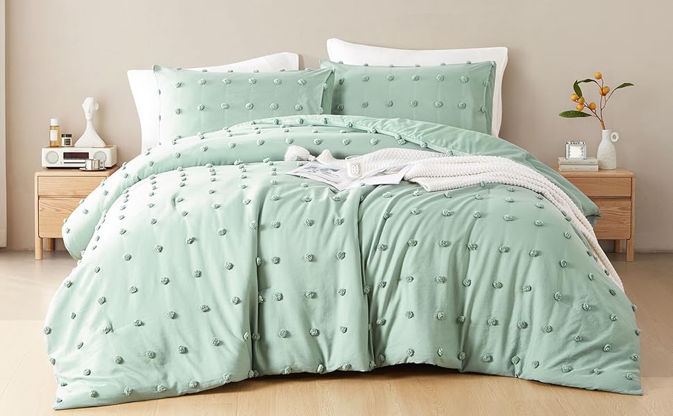 GAO GE Sage Green Comforter Set Queen, Jacquard Tufts Pom