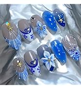 30Pcs Blue Flower Press on Nails Medium Almond Bow Flowers French Tip Fake Nails with Gold Starfi...