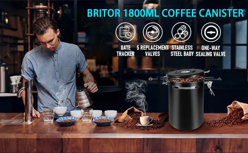 1.8L Coffee Canister, Airtight Coffee Canister with Scoop, Coffee Jar with Builtin Valve, Date