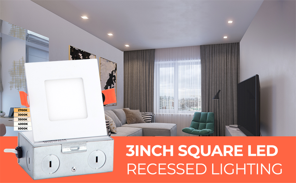 Vtuik 3 Inch Square LED Recessed Lighting with Junction Box 6W 5CCT 2700K5000K Selectable