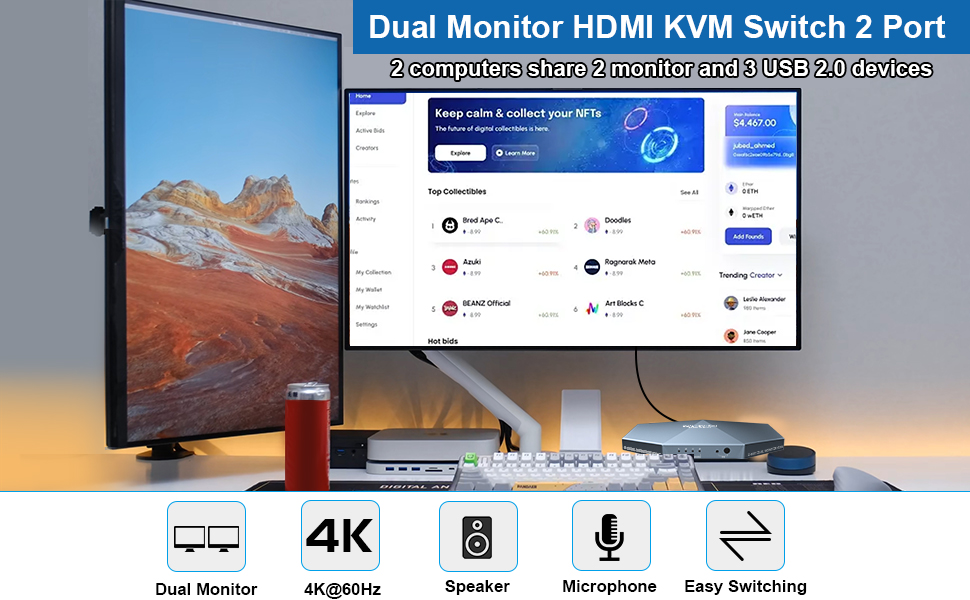 KVM Switch 2 Monitors 2 Computers HDMI, 4K60Hz Extended Display Dual
