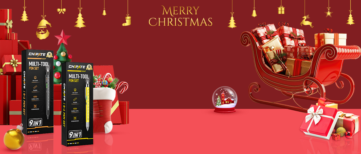 Christmas-themed product display with green bottles, likely alcoholic beverages, alongside festive decorations and a red sleigh against a red background