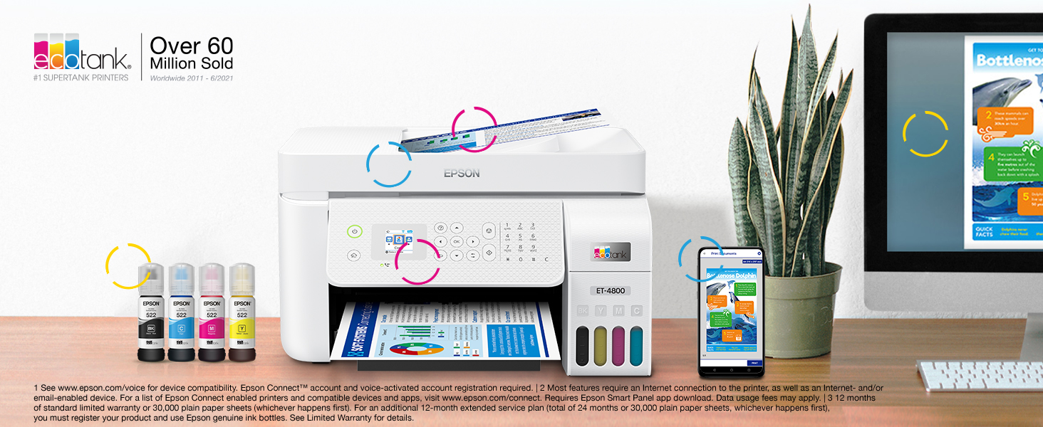 ET-4800 printer on a desk with ink bottles, smartphone, and computer next to it