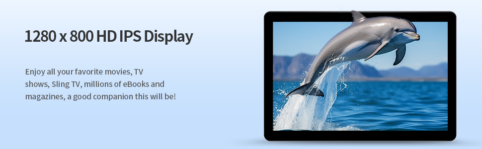 Tablet device displaying HD IPS 1280x800 screen specifications with a dolphin image demonstration on the screen.