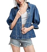 D-Sun Women Short Sleeves Denim Shirt V-Neck Puff Sleeve Button Down Jean Shirt Jacket Fashion Co...