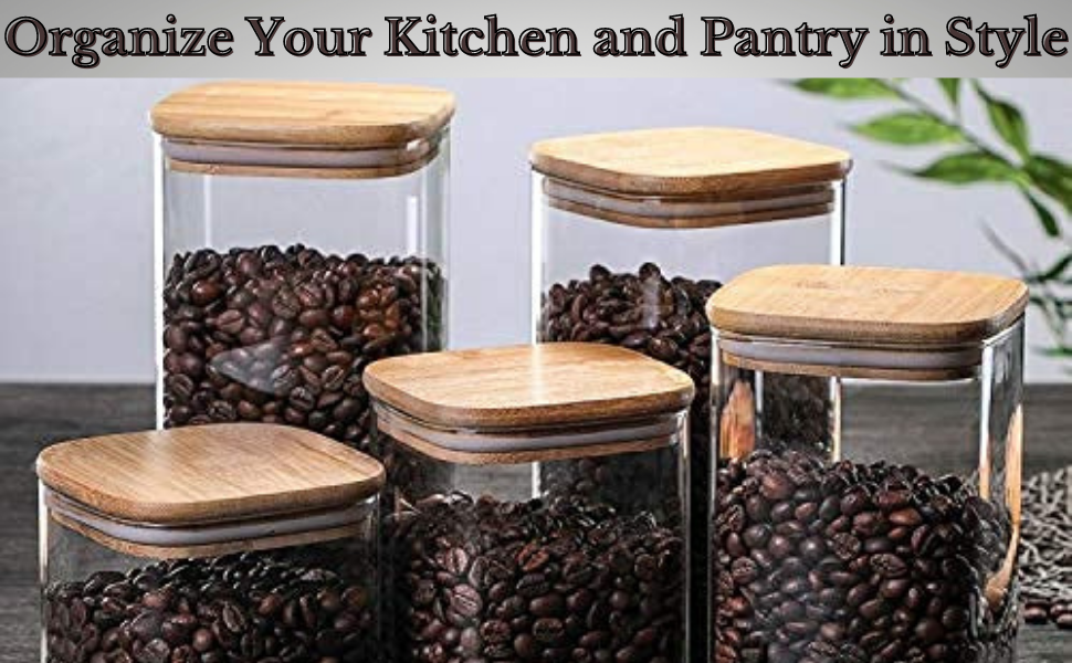 SPN-BFC square glass jars wood lids airtight stackable storage containers kitchen pantry