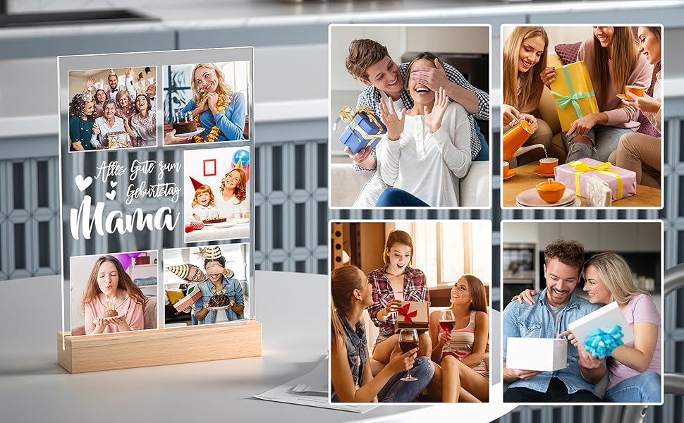 Wooden photo display with multiple family pictures and 'Thanks' text, showcasing various scenes of people enjoying meals and gatherings together.