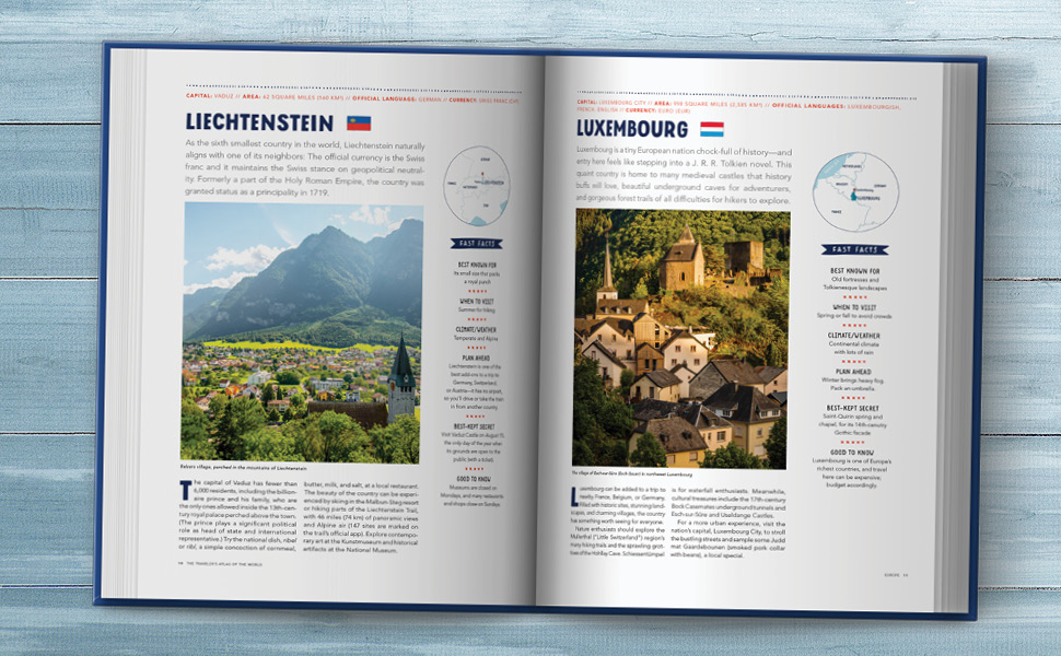 The Traveler's Atlas of the World 21 book spread about Liechtenstein and Luxembourg