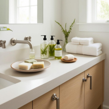 Clean, bright bathroom with homemande eco cleanning suplies