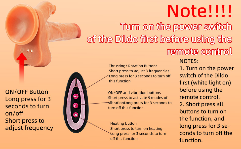 Orange device with power switch and remote control. Instructions for use and buttons for various functions are labeled on the image.