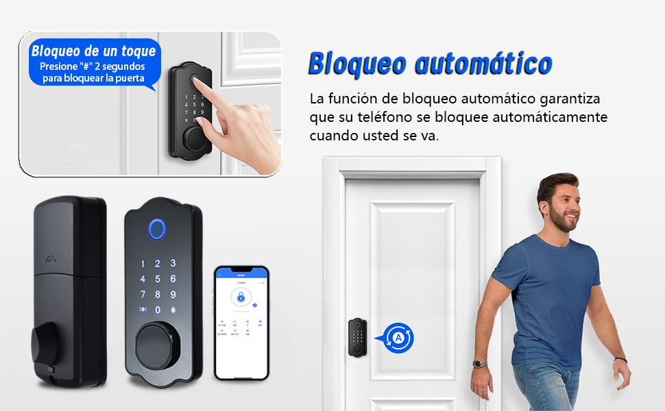 El texto dice «Bloqueo automático». Sistema inteligente de cierre de puertas con teclado digital, interfaz de aplicación para teléfonos inteligentes y dispositivo de bloqueo montado en la puerta.