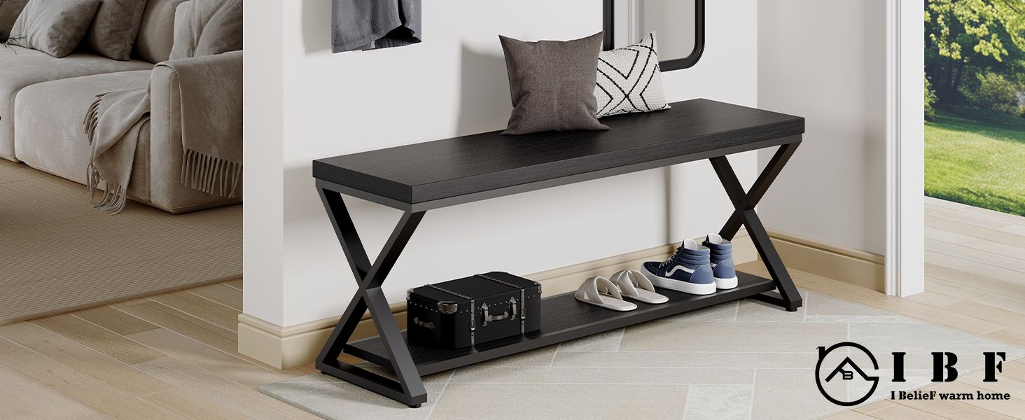 IBF Black Bench, Modern Entryway Bench for Bedroom, Wood