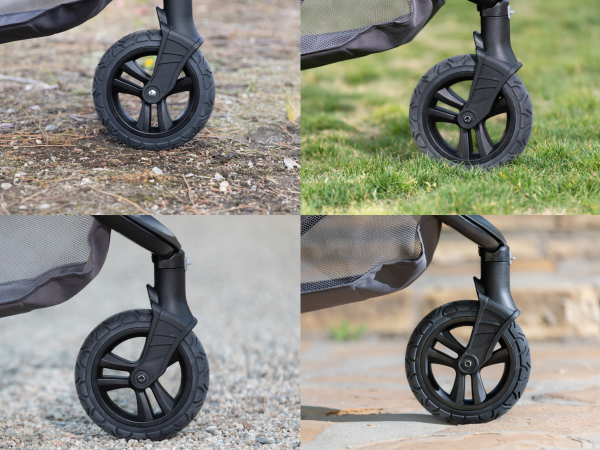 Tango Stroller large 8 inch rugged, rubber tire wheels provide a smooth ride on all terrains