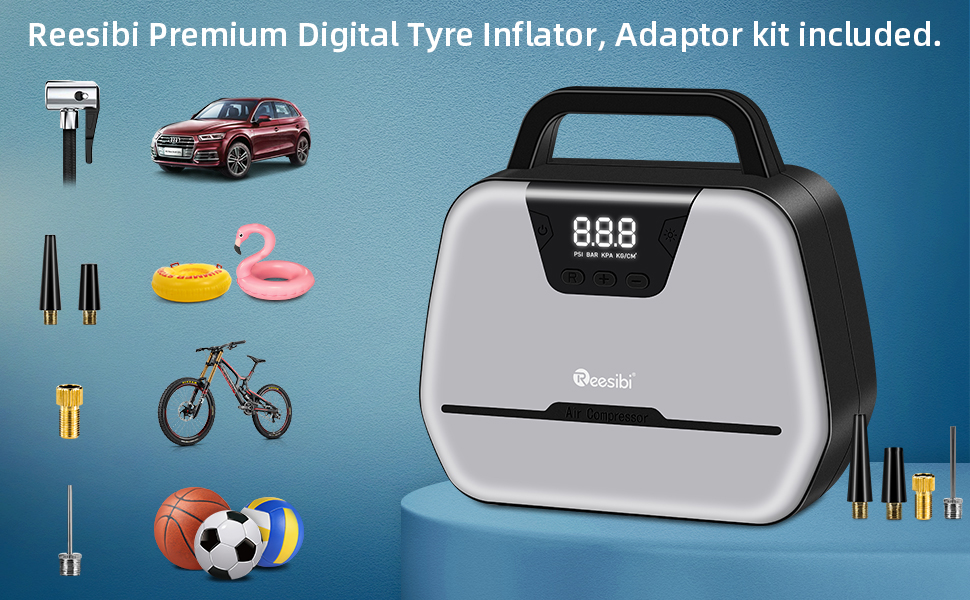 Reesibi Air Compressor Tyre Inflator 12V 240V 150PSI, Electric Pump for