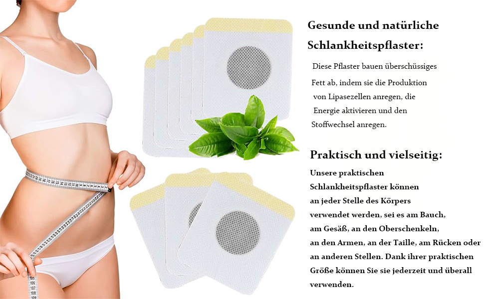 Weight loss patch product image showing a woman measuring her waist. German text describes the product as natural and practical for slimming.