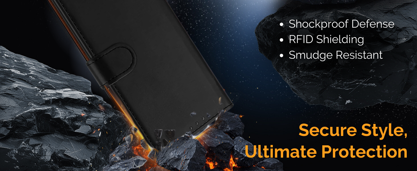 Product features list highlighting 'Shockproof Defense', 'RFID Shielding', and 'Smudge Resistant'. Text 'Secure Style, Ultimate Protection' overlays a fiery rocky landscape.