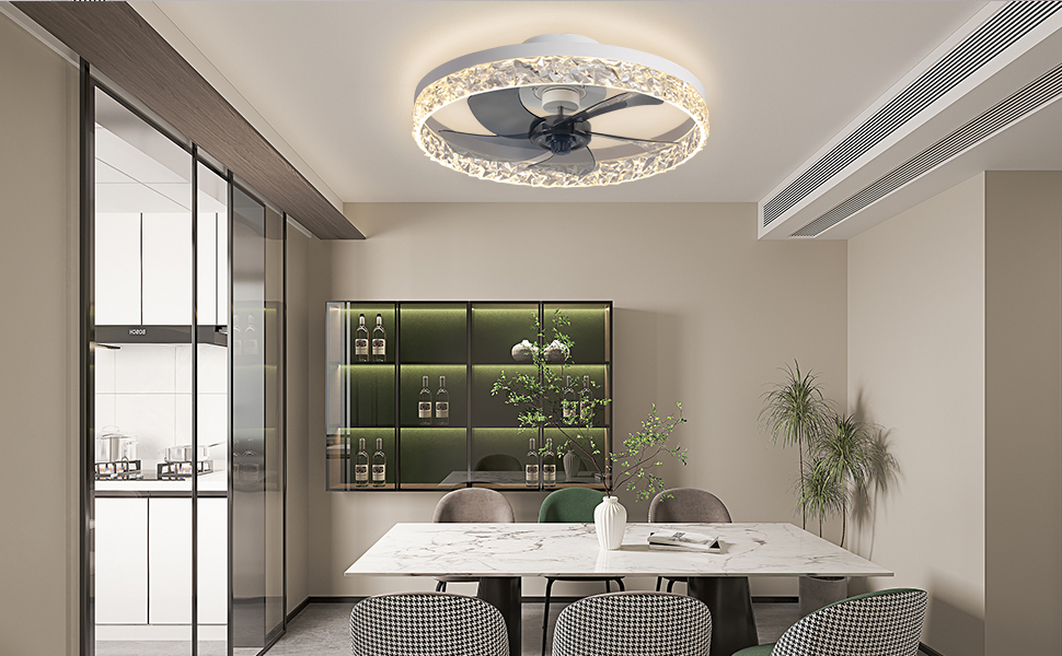 KINDLOV Modern Indoor Flush Mount Ceiling Fan with Lights,Dimmable Low
