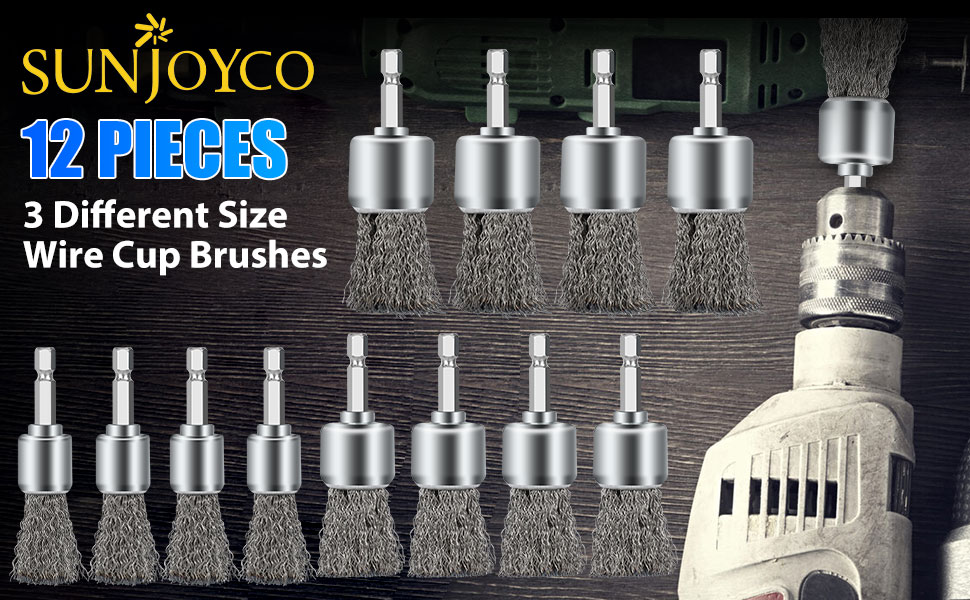 SUNJOYCO Wire Brush Wheel for Drill, 12PCS 3 Sizes Crimped