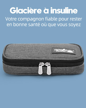 Étui de transport à insuline gris à fermeture éclair avec texte français « Glacière à insuline » sur fond bleu.
