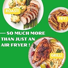 Multi-function air fryer advertisement showcasing roasted chicken, grilled meat, and fried food, emphasizing versatility beyond just air frying.