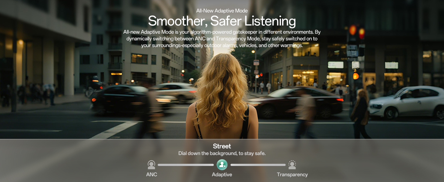 Text reads 'Smoother, Safer Listening'. Street scene with blurred motion of cars and pedestrians, showing an interface or player control bar at bottom.