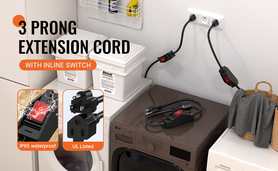 Joinfworld Extension Cord with Switch On/Off 3 Prong Outdoor Inline