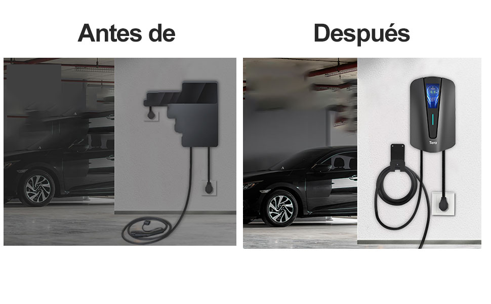 Imágenes de antes y después de una estación de carga de vehículos eléctricos. «Antes» muestra un enchufe básico, «Después» muestra una elegante unidad de carga de pared con cable incorporado