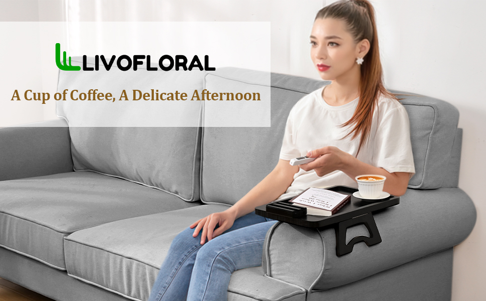 Livofloral Bamboo Sofa Arm Tray Table, Black Sofa Table