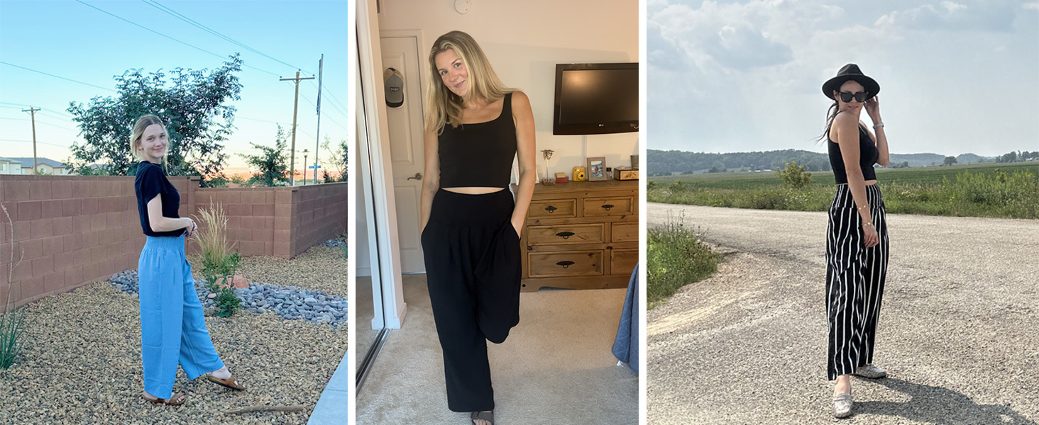 Womens Elastic High Waisted Palazzo Pants Casual Wide Leg Long Lounge Pant Trousers with Pocket