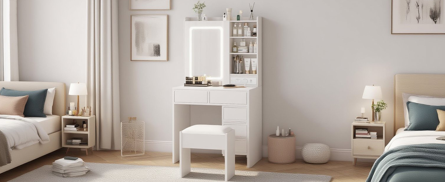 Vanity Desk with Mirror and Lights, Makeup Vanity Table Set with Charging Station and Stool
