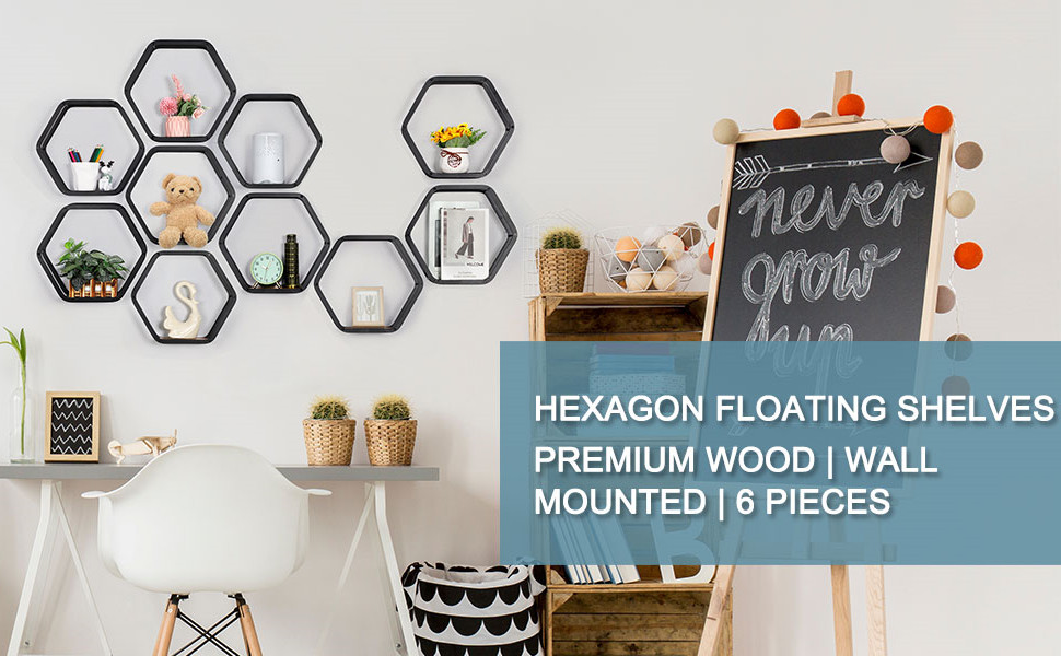 Hexagonal Floating Shelves Set of 10, Metal Hexagon Shelves for Wall