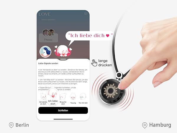 Oberfläche der mobilen App mit Messaging-Bildschirm mit kreisförmiger Wählscheibe. Die Standortindikatoren zeigen unten „Berlin“ und „Hamburg“.