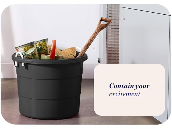 Homz 17 Gal Plastic Open Storage Round Utility Tub with Handles, Black (2 Pack)