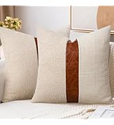 Fluffy Pillow Cover 18x18 Set of 2 Leather Patchwork Check Linen Throw Pillow Covers Decorative M...