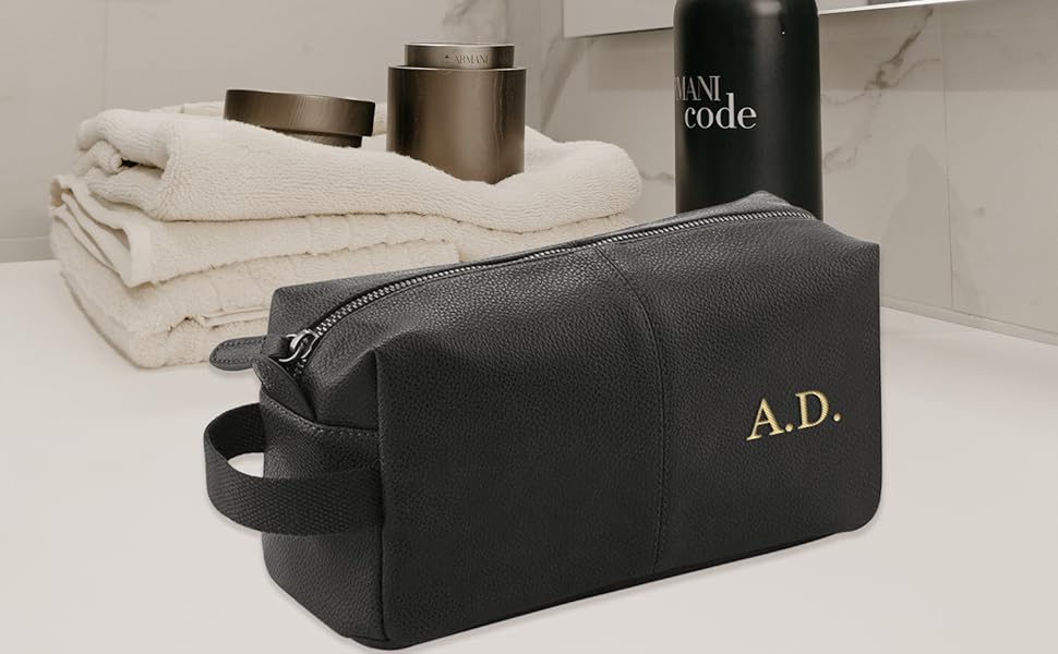 Personalised Wash Bag Embroidered Faux Leather Wash Bag Mens with Strap