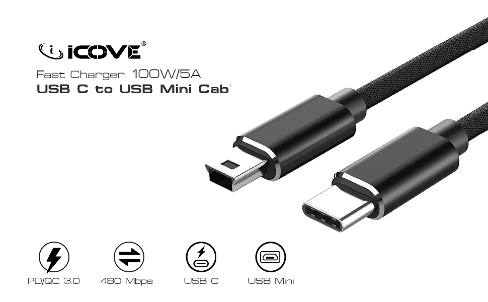 ICOVE Mini USB to USB C Cable, High Speed USB 2.0 Converter USB B to