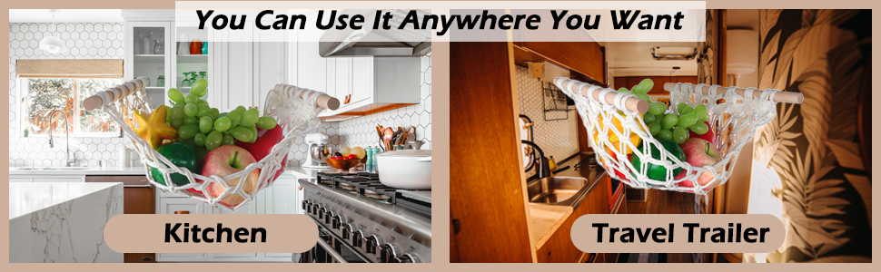 Hanging Fruit Hammock with Hooks, Hanging Fruit Basket Under the Kitchen Cabinet for Storing Banana Fruits, Hand-Woven Lace Hanging Basket for Kitchen Décor, Rectangle 16 Hanging Fruit Hammock