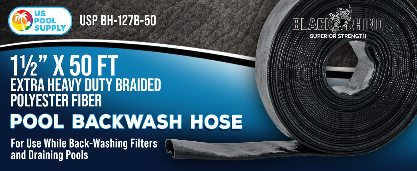 U.S. Pool Supply 1.5'' x 50' Black Rhino backwash hose, extra heavy-duty, burst-resistant with clamp
