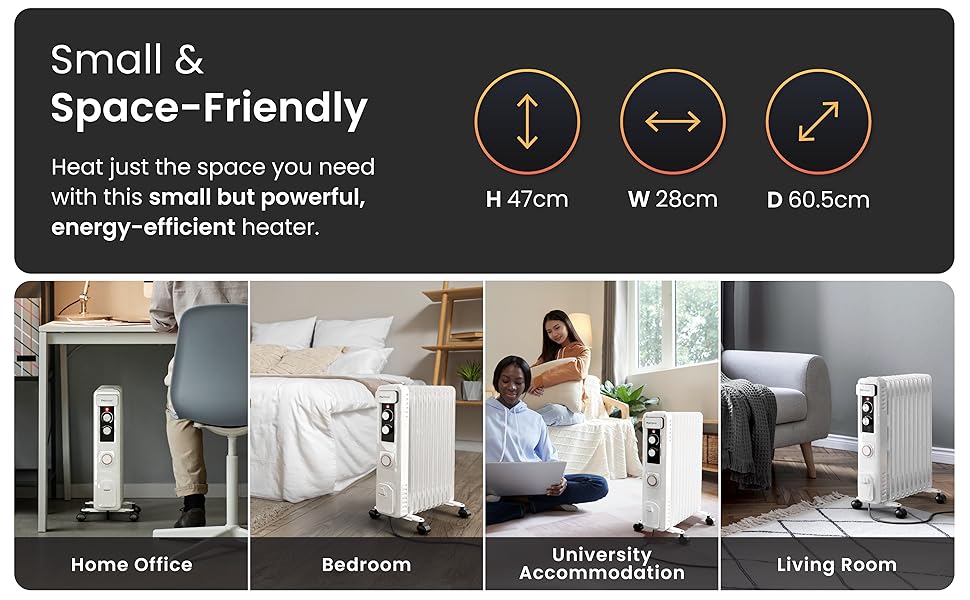Compact space heater with dimensions 41.47cm x 78cm x 60.5cm. Images show its use in various rooms: home office, bedroom, nursery, and living room.