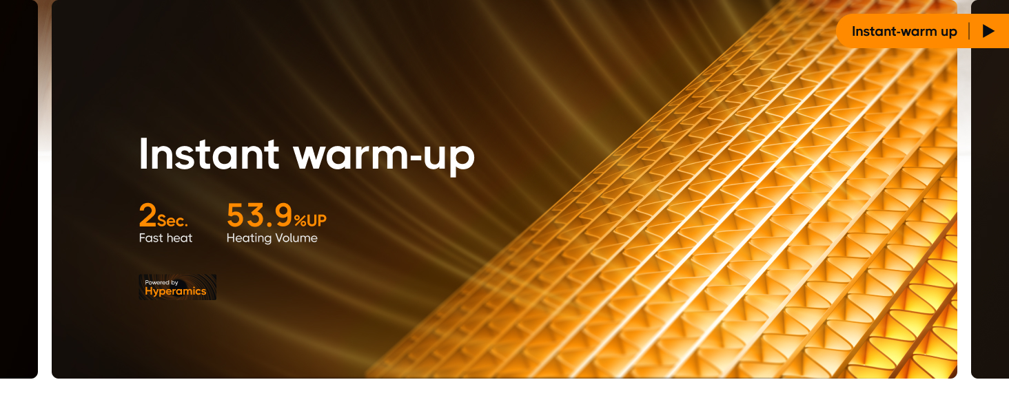 Close-up of textured orange surface with grid pattern. Text overlay mentions 'Instant warm-up' and '53.9°' temperature.
