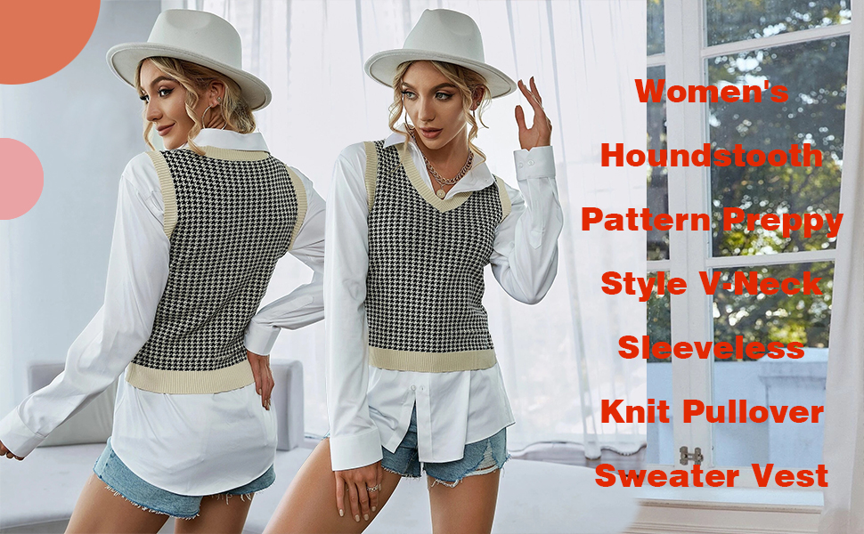 Locachy Women's Houndstooth Pattern Preppy Style V-Neck