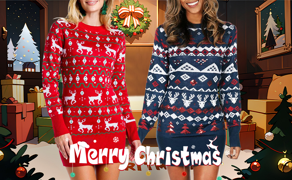 Weihnachtskleid Damen Große Größen Elegant Weihnachtspullover Christmas Dress Hoodie Longpullover