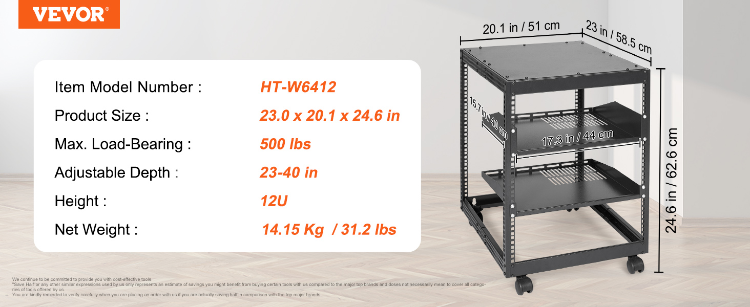 VEVOR 12U Open Frame Server Rack, 23''40'' Adjustable