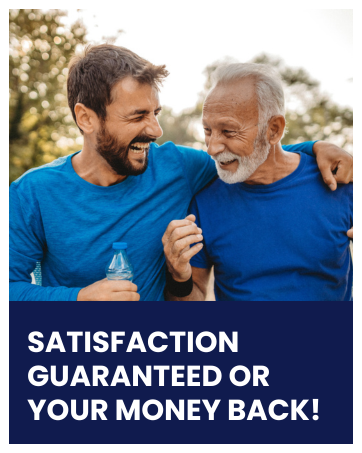 Father and son running and laughing with Nutricel satisfaction commitment message