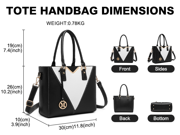 Text reads 'TOTE HANDBAG DIMENSIONS'. Technical diagram showing multiple views of a black and white handbag with measurements: 30cm/11.8inch width, 26cm/10.2inch height, 15cm/5.9inch depth.