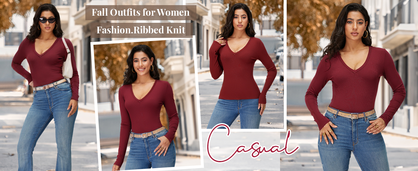 iGENJUN Women Long Sleeve V Neck Shirts for Women Business Casual Work Top Knit Slim Fit for Fall 4 fall outfits for women